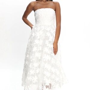 Angel Biba White Strapless Floral Appliqué Midi Dress